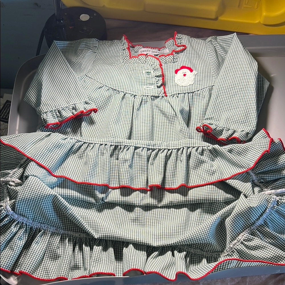 Green Checkered Dress with Red Trim